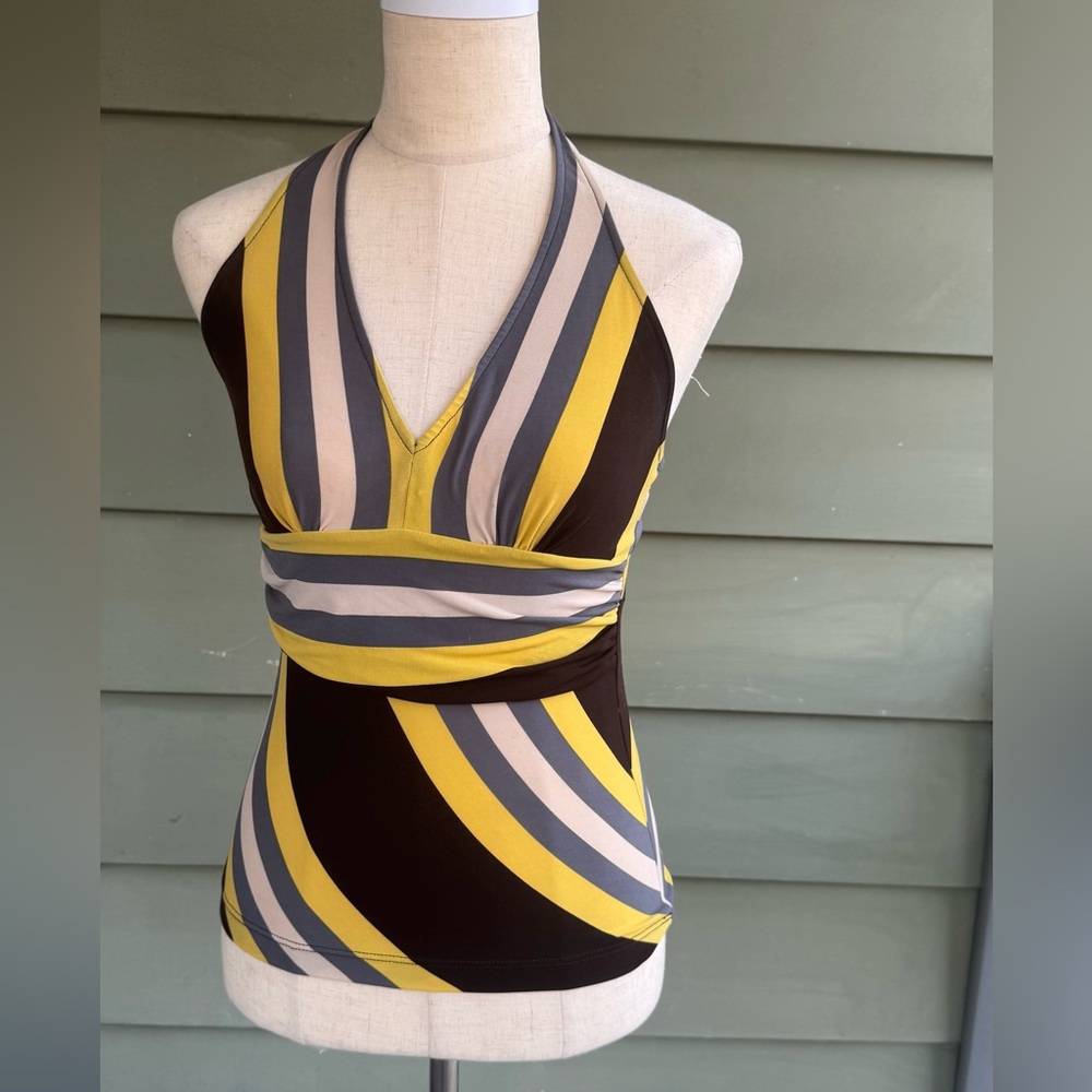 BCBGMaxAzria Yellow and Gray Striped Tank Top